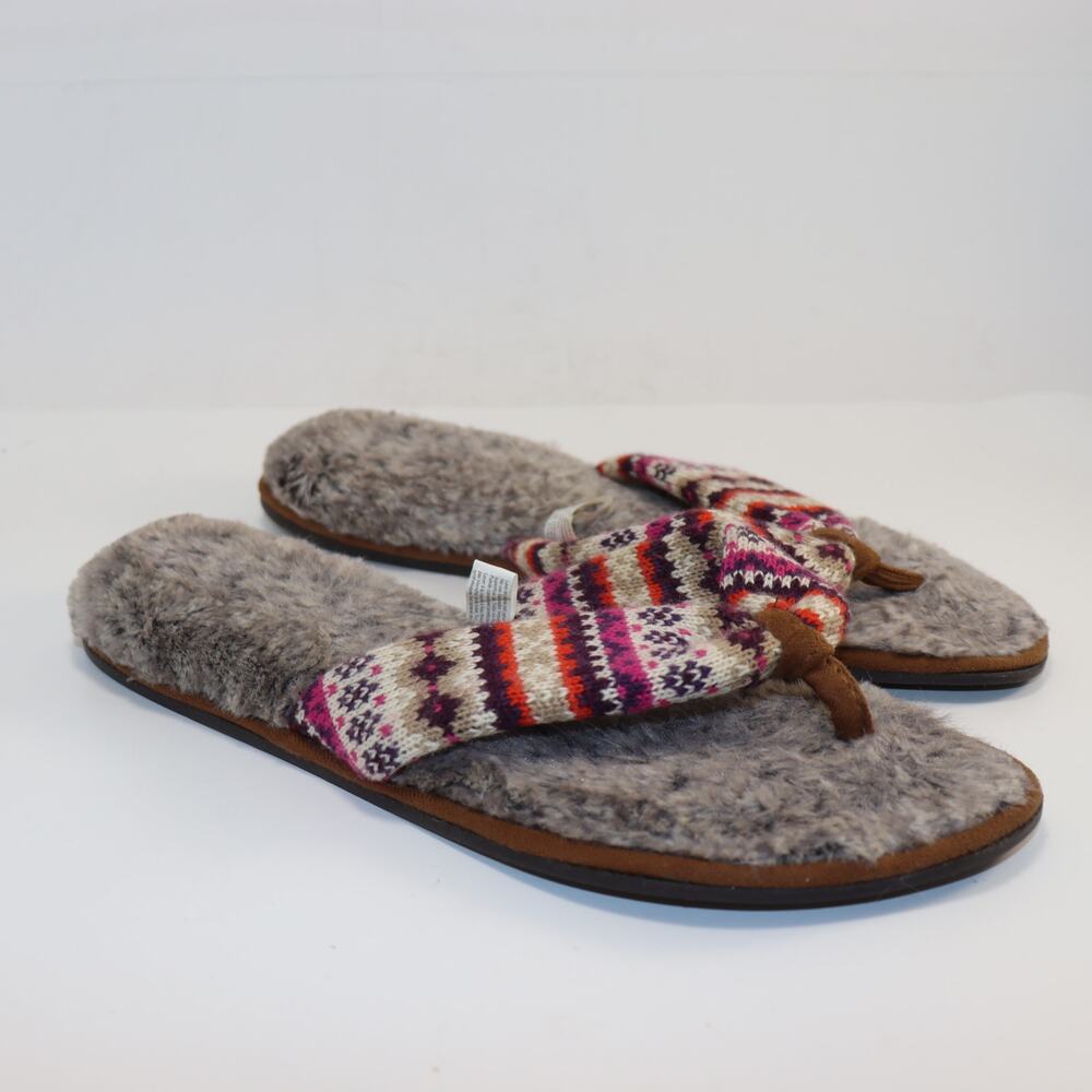 Dearfoams Fair Isle Knit Thong Slippers Gray Faux Fur Size L (11–12)